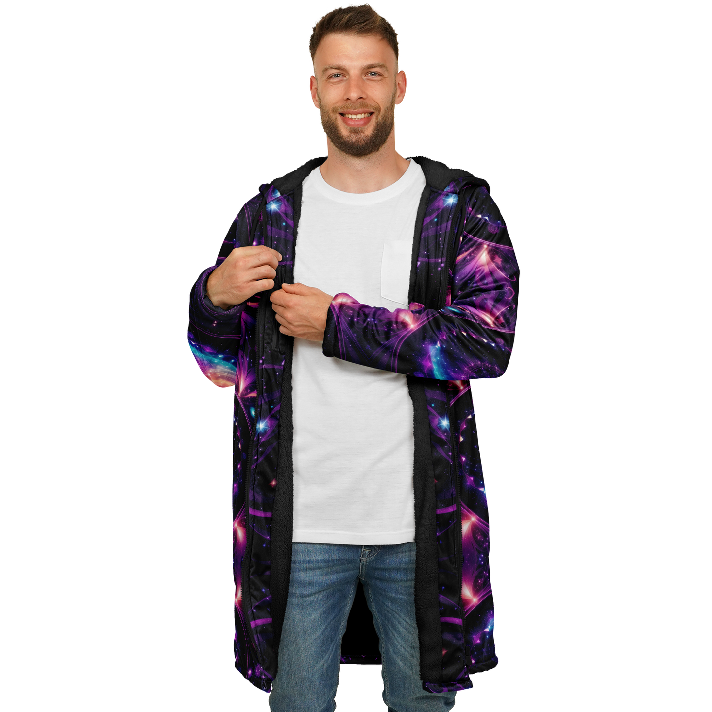 Celestial Harmony: Adorn Yourself with Cloak Hoodie in Purple Galaxy Mandala Zipper
