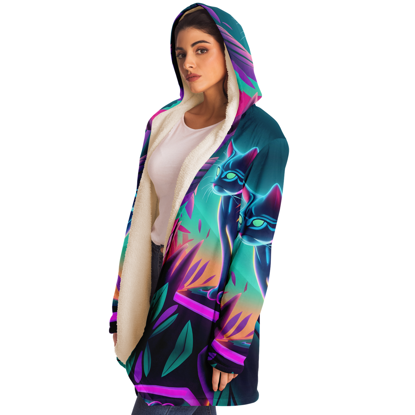 Sudadera con capucha y capa de Neon Kitty en la ciudad futurista 